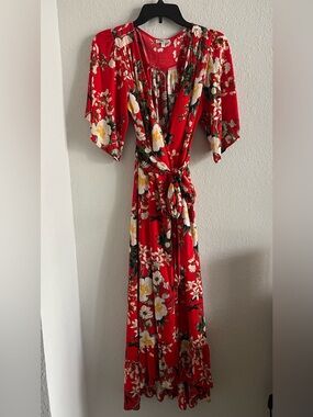 NWOT JODIFL Red Floral Wrap Maxi Dress with Tie Waist